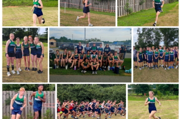 "Collage of Clover Garden School cross country team at a meet. Students in green and blue Grizzlies uniforms are shown running on the course, warming up, and posing for group photos. Images include both boys’ and girls’ teams competing, sprinting, and gathering together on the sidelines."