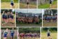 "Collage of Clover Garden School cross country team at a meet. Students in green and blue Grizzlies uniforms are shown running on the course, warming up, and posing for group photos. Images include both boys’ and girls’ teams competing, sprinting, and gathering together on the sidelines."
