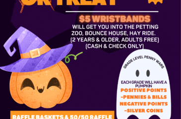 Purple and orange Halloween-themed flyer with a cartoon pumpkin wearing a purple witch hat and a white ghost illustration. Text reads: “Join us for some fun — Trunk or Treat, October 17th, 5–7 PM. Free Trunk or Treat. $5 wristbands will get you into the petting zoo, bounce house, and hay ride (ages 2+; adults free, cash & check only). Raffle baskets & 50/50 raffle. Pizza, face painting, popcorn, pumpkin painting, sno-cones. Grade Level Penny Wars: each grade will have a pumpkin. Positive points: pennies & bills. Negative points: silver coins.” A QR code at the bottom is provided for RSVPs.