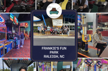 Collage of Clover Garden School seniors at Frankie’s Fun Park in Raleigh, enjoying go-karts, arcade games, and group photos.