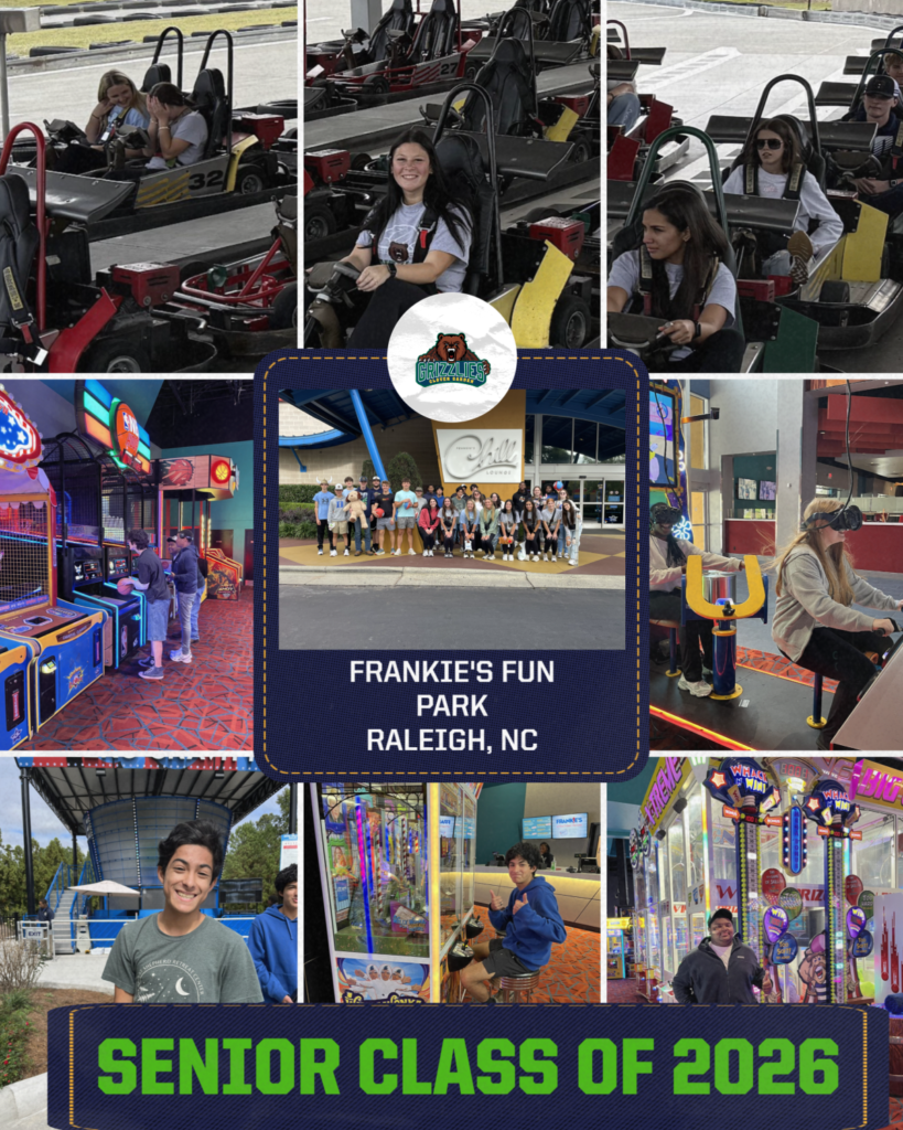 Collage of Clover Garden School seniors at Frankie’s Fun Park in Raleigh, enjoying go-karts, arcade games, and group photos.