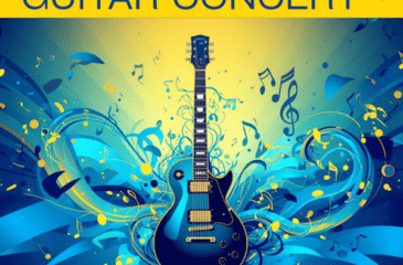 blue electric guitar with swirling blue and yellow music notes promoting Clover Garden Guitar Concert on October 28, 2025, at 7 PM in the Big Gym.