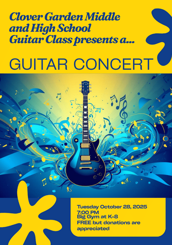 blue electric guitar with swirling blue and yellow music notes promoting Clover Garden Guitar Concert on October 28, 2025, at 7 PM in the Big Gym.