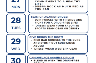 Alt text: Red Ribbon Week flyer with daily dress-up themes promoting a drug-free lifestyle at Clover Garden School.