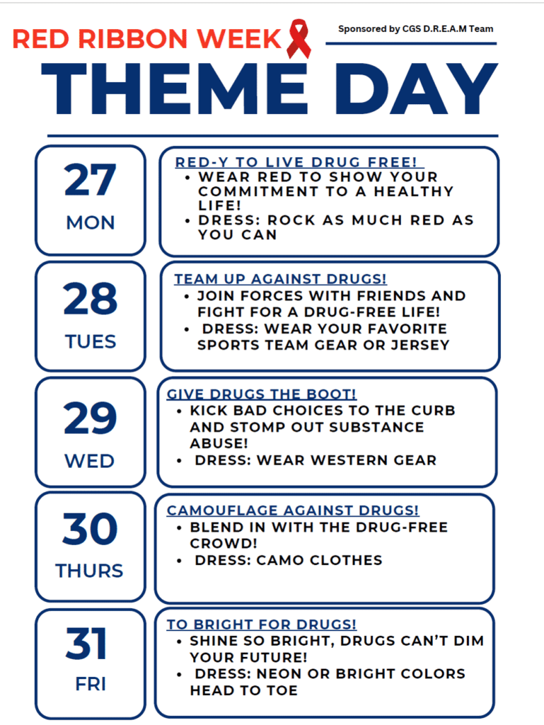 Alt text: Red Ribbon Week flyer with daily dress-up themes promoting a drug-free lifestyle at Clover Garden School.