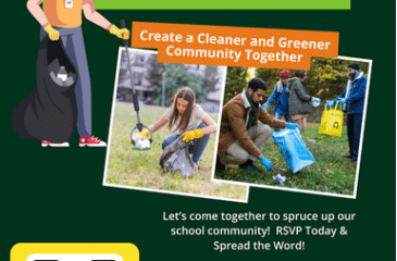 poster showing students and families cleaning up outdoors with trash bags, text reads “Let’s Clean Up Our School, Saturday, November 1st, 9 am to 12 pm.”