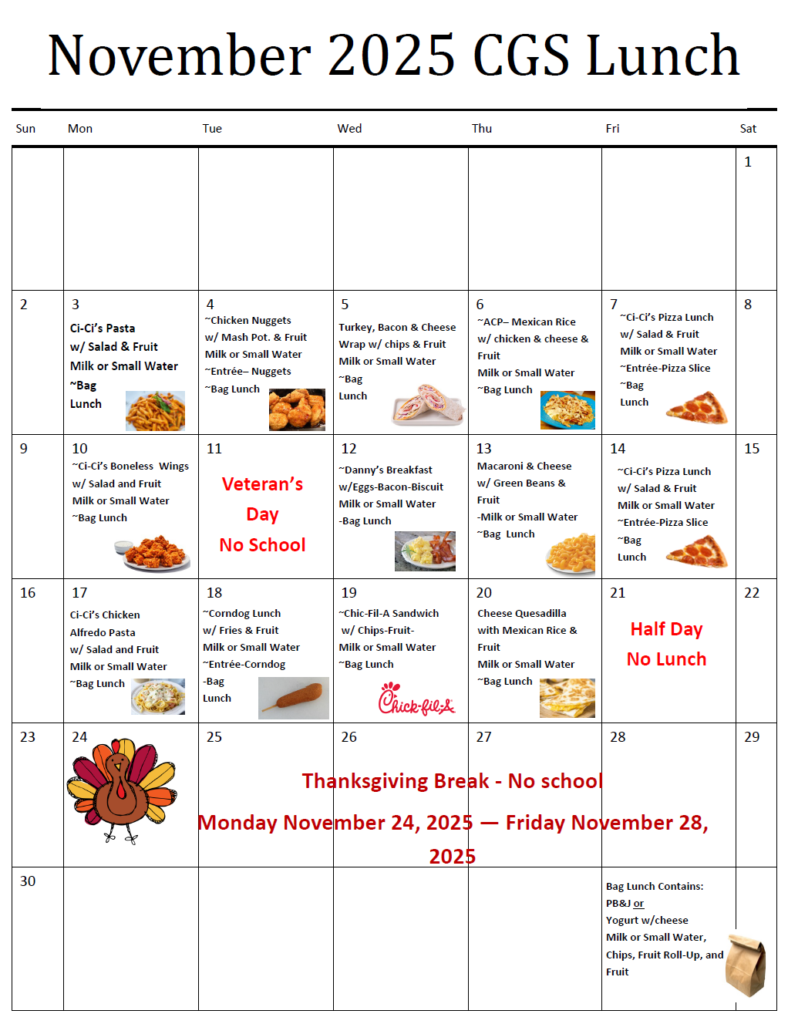 November 2025 Clover Garden School lunch menu with daily meals, no school on Nov 11, half day Nov 21, and Thanksgiving Break Nov 24–28.