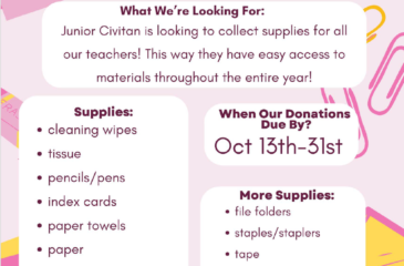 Flyer for Clover Garden’s Junior Civitan Teachers Closet supply drive, collecting teacher supplies Oct 13–31 with drop-off at K8 or High School offices.