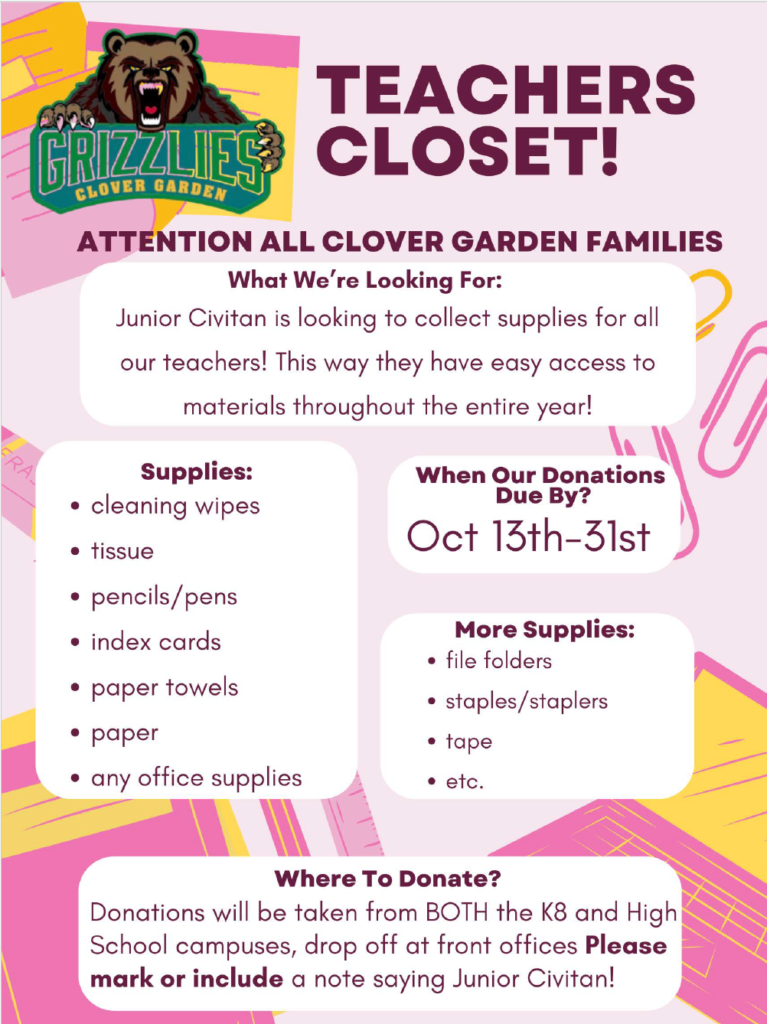 Flyer for Clover Garden’s Junior Civitan Teachers Closet supply drive, collecting teacher supplies Oct 13–31 with drop-off at K8 or High School offices.