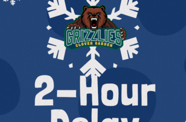 Blue graphic with snowflakes and the Clover Garden Grizzlies logo announcing a 2-hour delay for Clover Garden School.