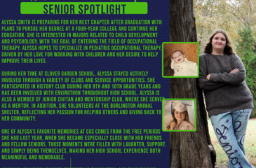 Senior Spotlight graphic featuring Alyssa Smith, standing outdoors beside a tree, with photos showing her as a baby and as a young child, highlighting her journey and future plans after graduation.