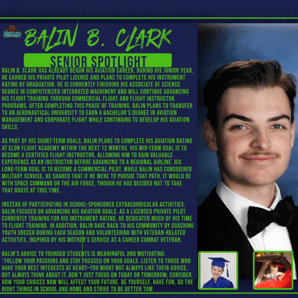 Senior Spotlight graphic featuring Balin B. Clark, a graduating senior, with a formal portrait and text highlighting his aviation career goals.