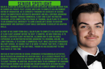 Senior Spotlight graphic featuring Balin B. Clark, a graduating senior, with a formal portrait and text highlighting his aviation career goals.