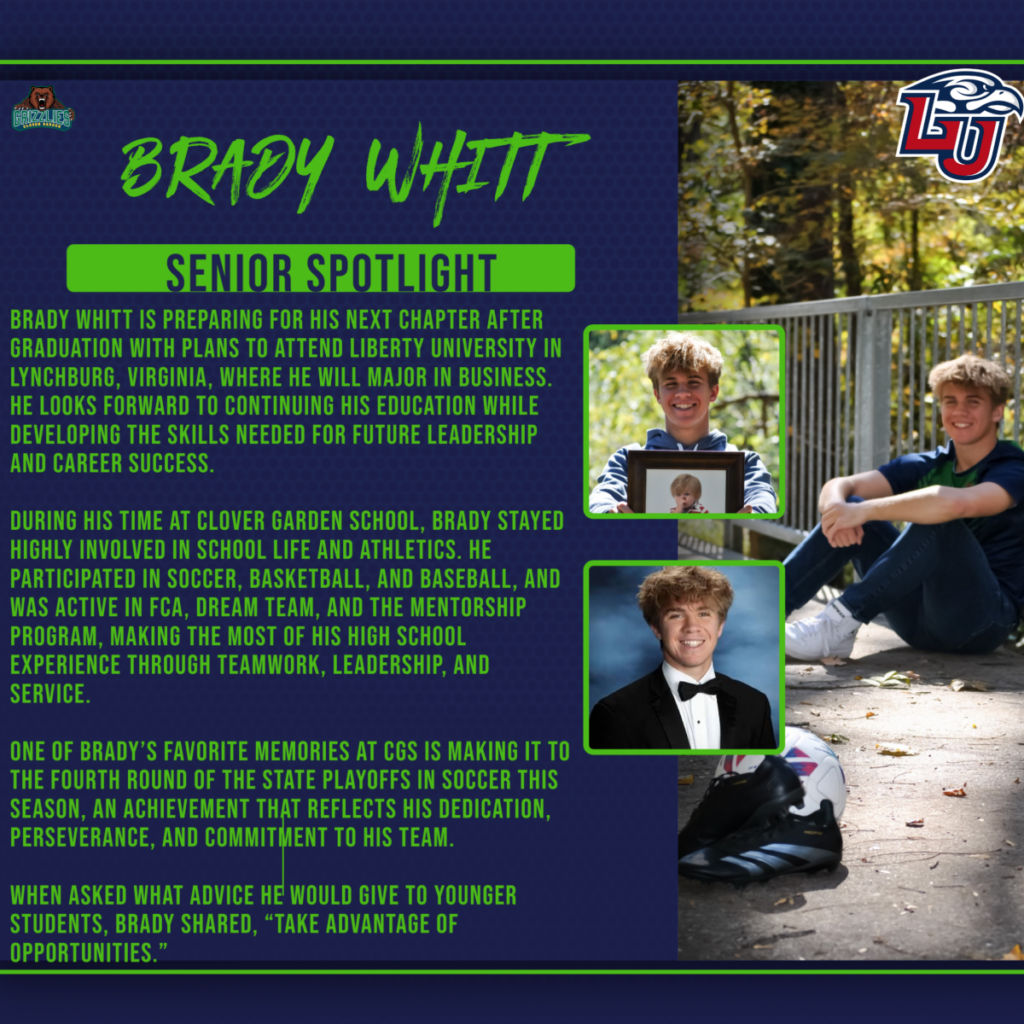 Senior Spotlight graphic featuring Brady Whitt, highlighting his plans to attend Liberty University, his involvement in school athletics and activities, and his achievement of reaching the fourth round of the state soccer playoffs.