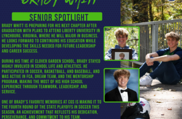 Senior Spotlight graphic featuring Brady Whitt, highlighting his plans to attend Liberty University, his involvement in school athletics and activities, and his achievement of reaching the fourth round of the state soccer playoffs.