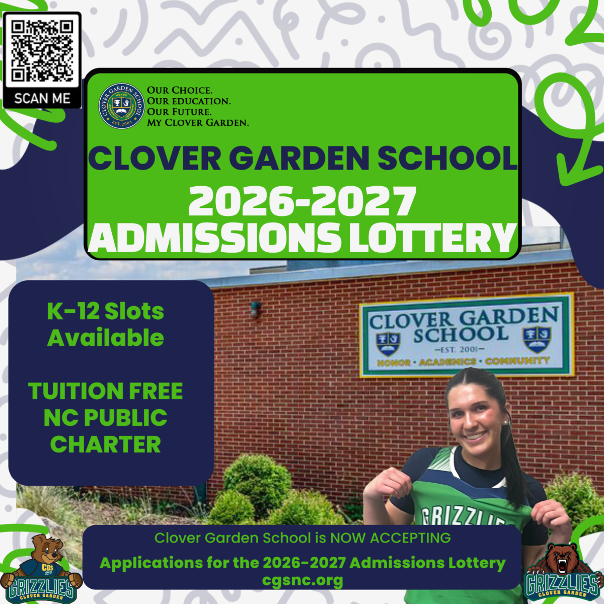 Clover Garden School graphic promoting the 2026–2027 admissions lottery, highlighting K–12 availability, tuition-free NC public charter status, and a student standing in front of the school building.