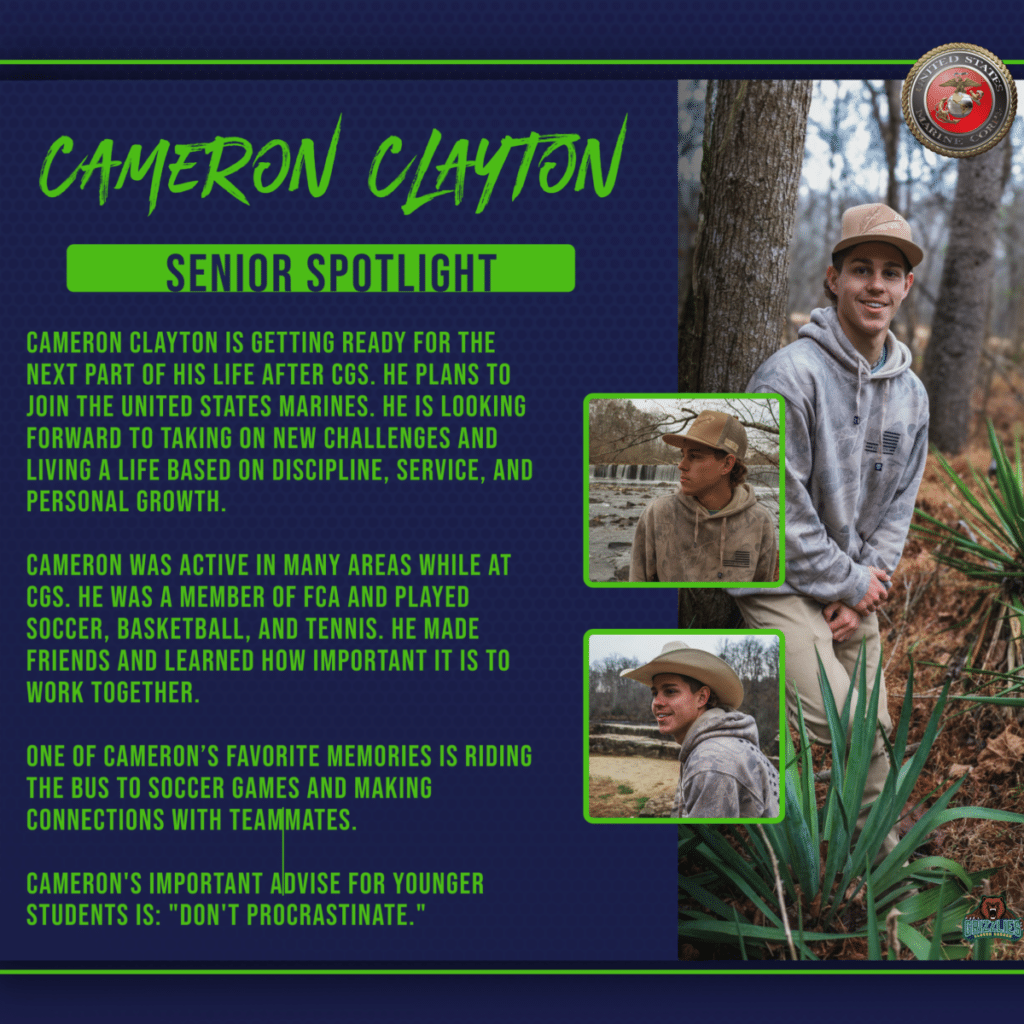 Senior Spotlight graphic for Cameron Clayton featuring his name, a main photo of him outdoors in a wooded setting, two smaller portrait photos, and text highlighting his involvement at CGS and plans to join the United States Marines.