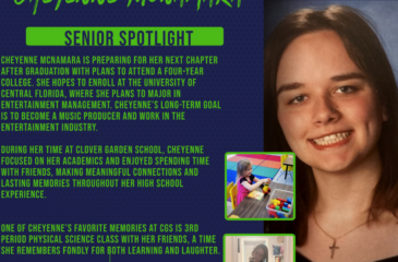 Senior Spotlight graphic featuring Cheyenne McNamara with her portrait, school branding, and text highlighting her plans to attend the University of Central Florida to study Entertainment Management, favorite high school memories, and advice to younger students.