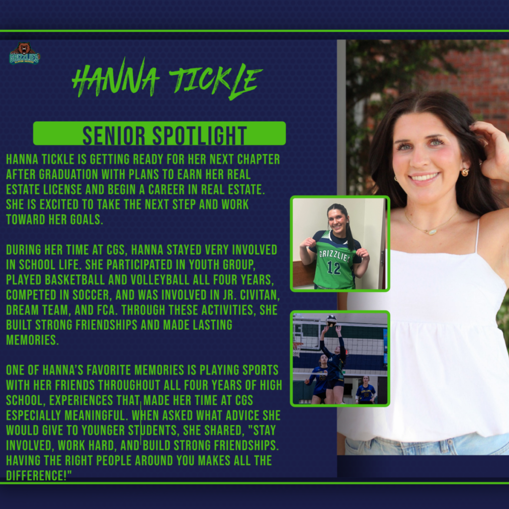 Senior Spotlight graphic featuring Hanna Tickle, with a portrait photo and smaller images of her playing basketball and volleyball, highlighting her school involvement and future plans in real estate.