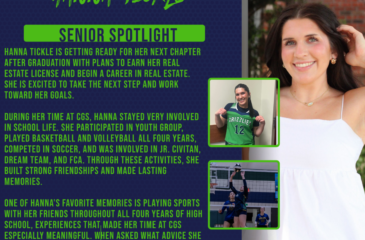 Senior Spotlight graphic featuring Hanna Tickle, with a portrait photo and smaller images of her playing basketball and volleyball, highlighting her school involvement and future plans in real estate.