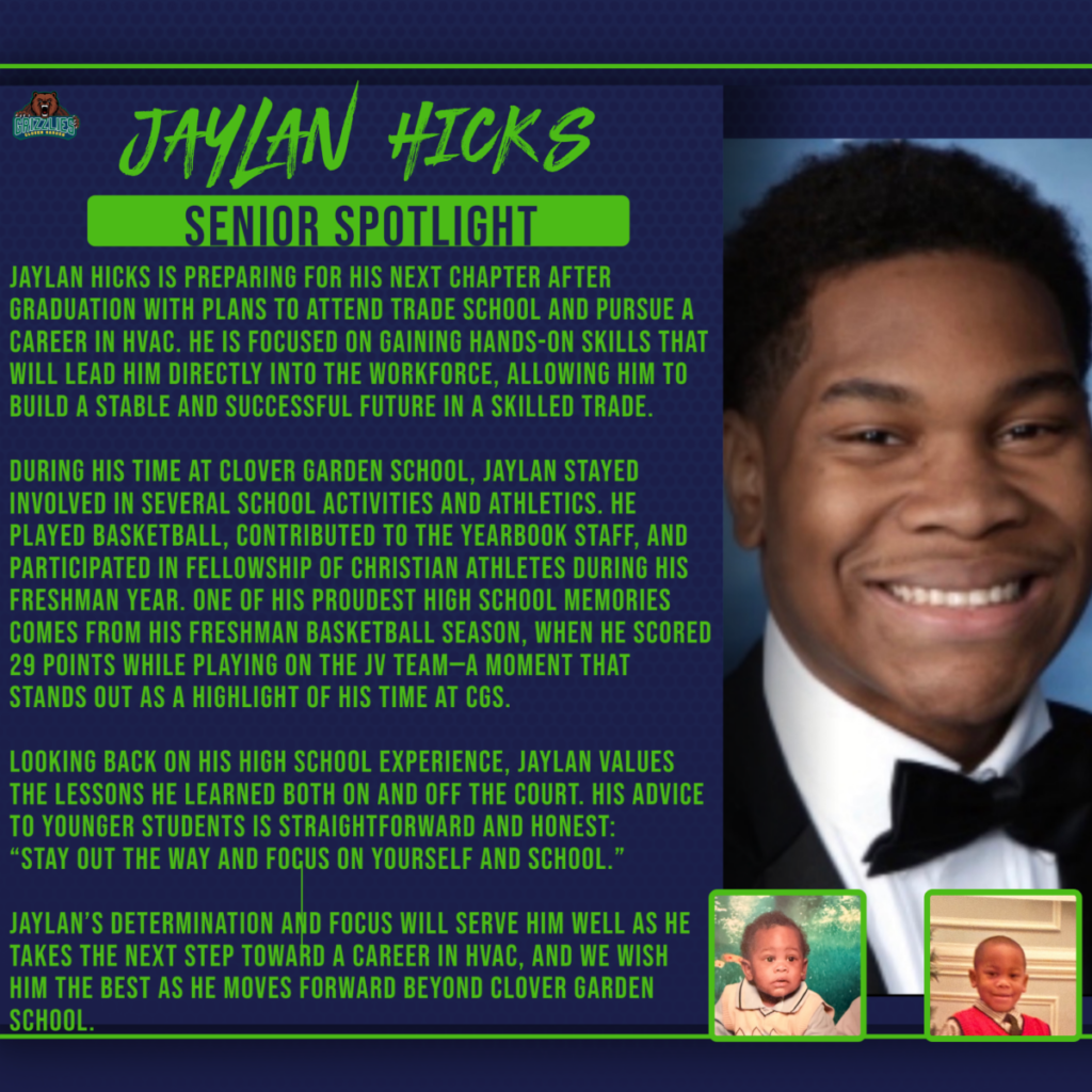 Senior Spotlight poster for Jaylan Hicks featuring his senior portrait, school-themed blue and green design, text about his plans to attend trade school for HVAC, and small childhood photos in the corner.
