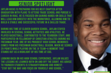 Senior Spotlight poster for Jaylan Hicks featuring his senior portrait, school-themed blue and green design, text about his plans to attend trade school for HVAC, and small childhood photos in the corner.
