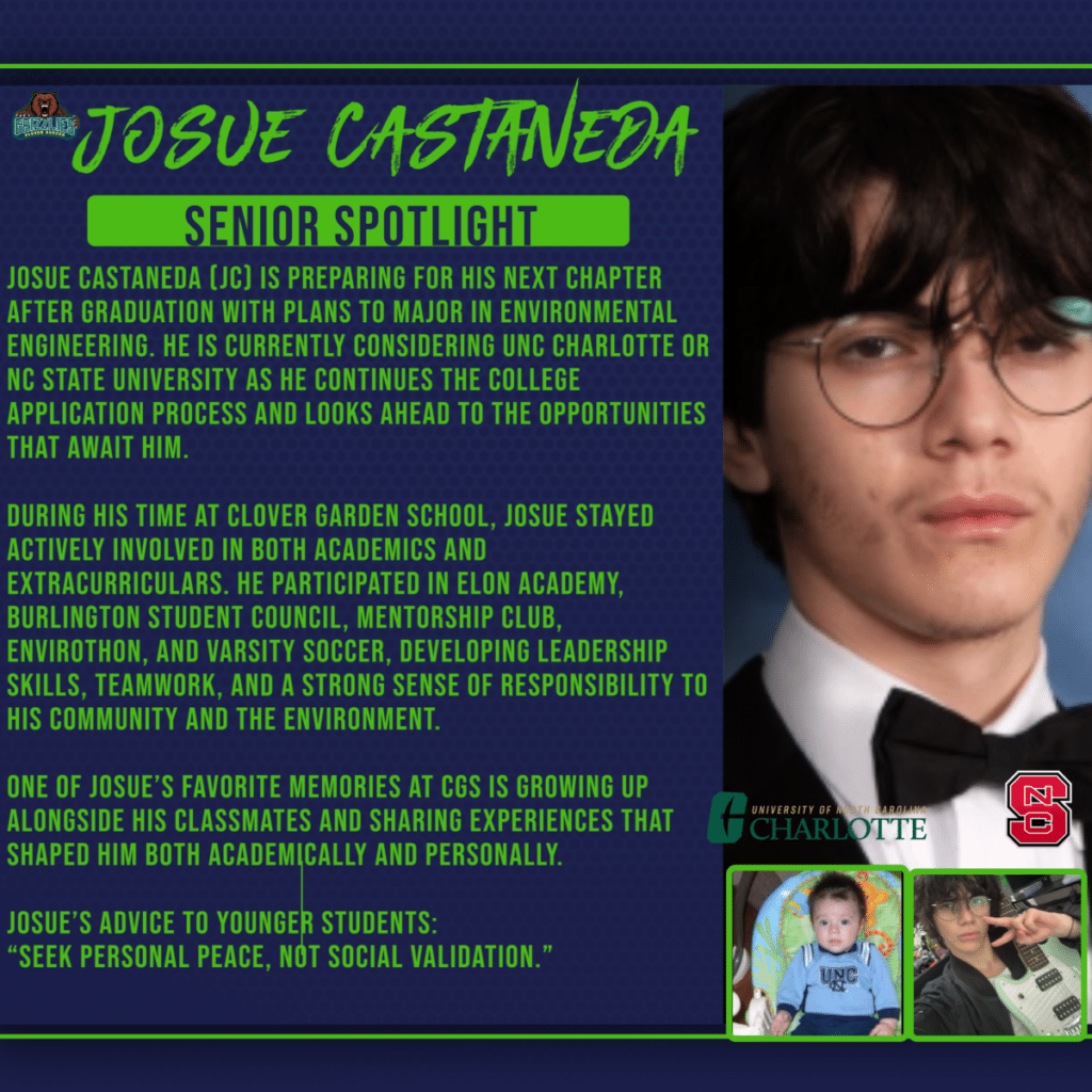 Senior spotlight graphic for Josue Castaneda, featuring his school portrait, name, future plans to study environmental engineering, and college interests in UNC Charlotte and NC State.