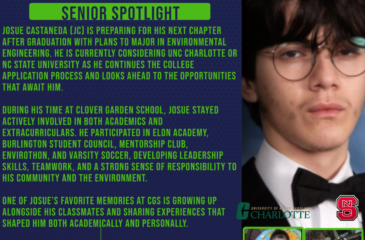 Senior spotlight graphic for Josue Castaneda, featuring his school portrait, name, future plans to study environmental engineering, and college interests in UNC Charlotte and NC State.