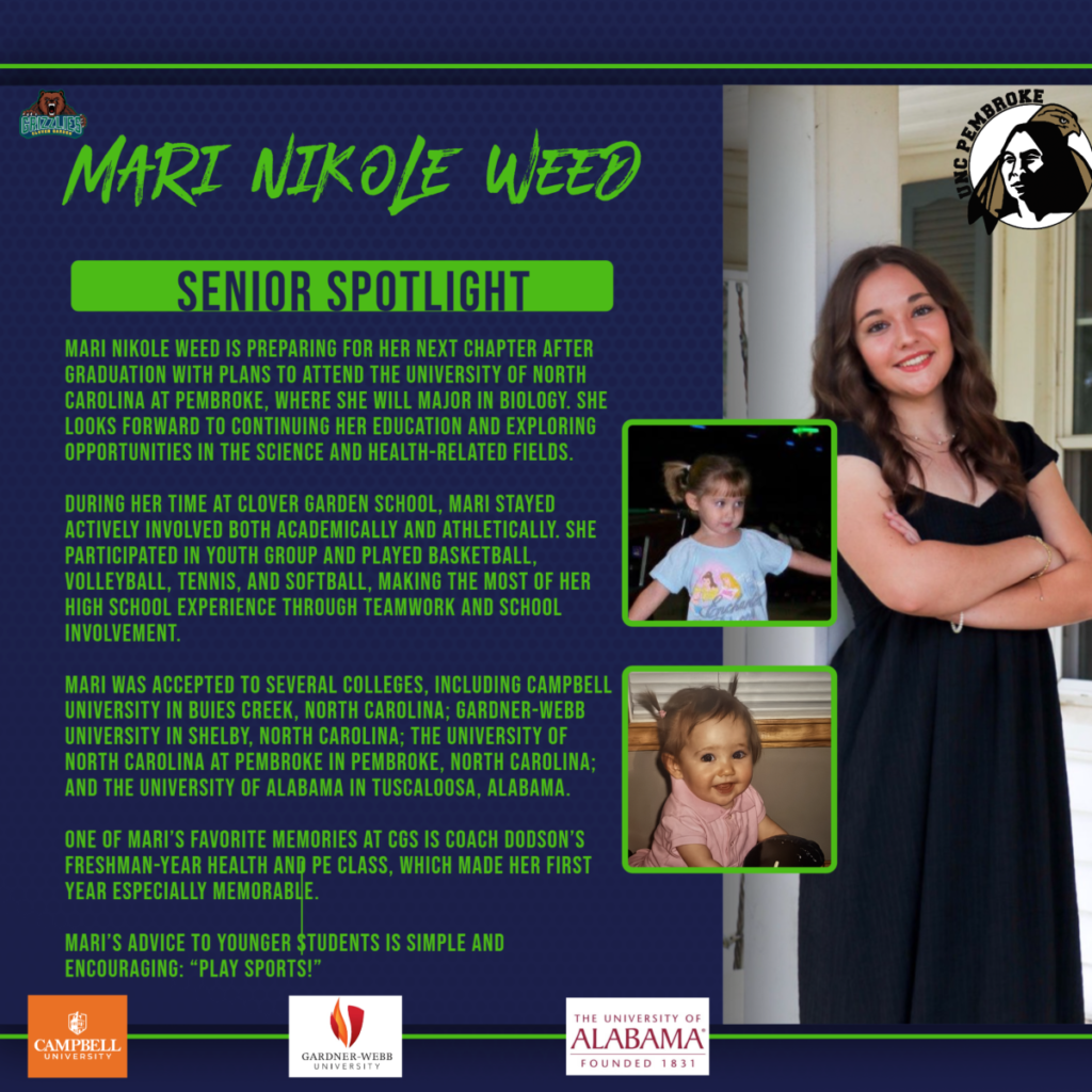 Senior Spotlight graphic for Mari Nikole Weed, featuring a portrait photo and childhood photos, highlighting her graduation and plans to study biology at UNC Pembroke.