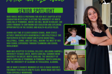 Senior Spotlight graphic for Mari Nikole Weed, featuring a portrait photo and childhood photos, highlighting her graduation and plans to study biology at UNC Pembroke.