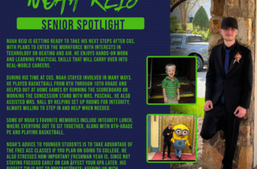 Senior Spotlight graphic for Noah Reid featuring his name, a photo of him dressed formally outdoors, and two smaller photos showing him as a child and with a character mascot, alongside text highlighting his activities and future plans.