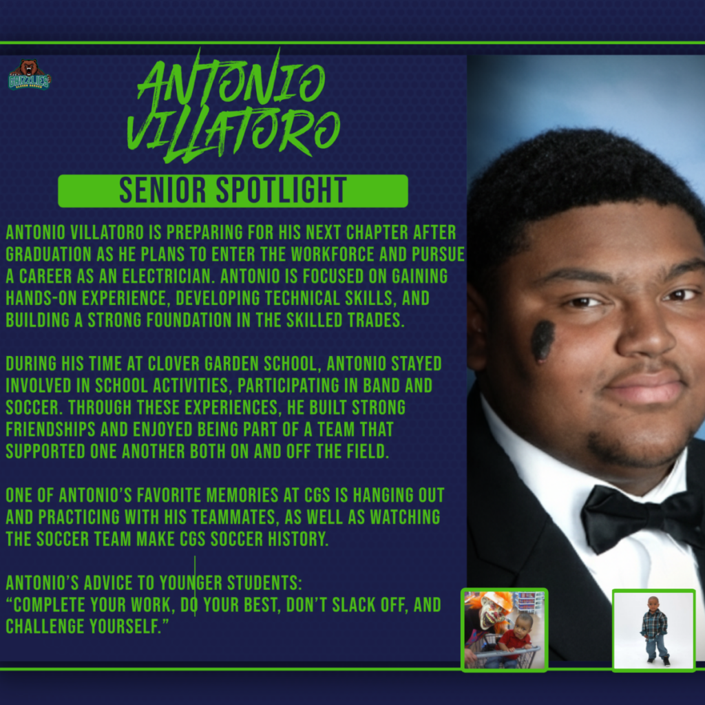 Senior Spotlight graphic for Antonio Villatoro, featuring his portrait, career plans as an electrician, school activities, and advice to younger students.