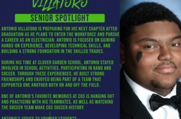 Senior Spotlight graphic for Antonio Villatoro, featuring his portrait, career plans as an electrician, school activities, and advice to younger students.
