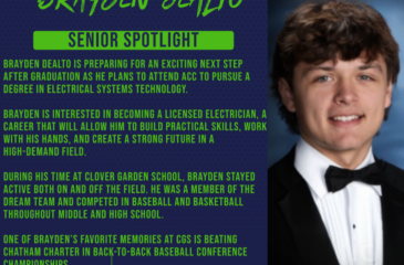 Senior spotlight for Brayden DeAlto. He plans to attend ACC for Electrical Systems Technology and become a licensed electrician. He participated in DREAM Team, baseball, and basketball, and remembers back-to-back conference wins over Chatham Charter. His advice: “Surround yourself with great friends.” The graphic includes his senior portrait and small baseball photos.