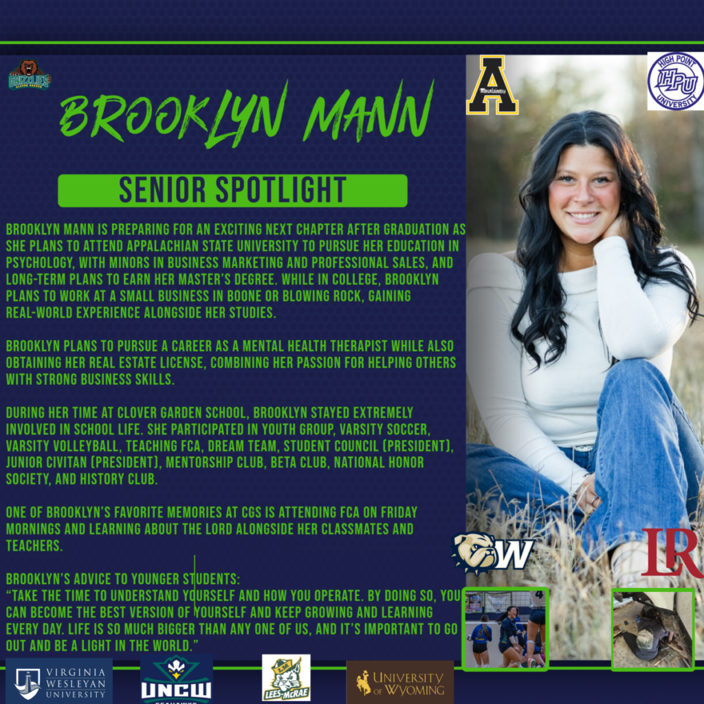 Senior Spotlight graphic for Brooklyn Mann, showing her portrait, college and career plans, school involvement, and advice to younger students.