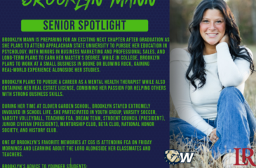 Senior Spotlight graphic for Brooklyn Mann, showing her portrait, college and career plans, school involvement, and advice to younger students.