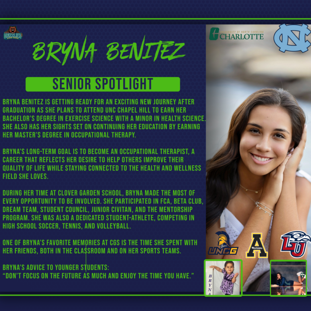 Senior spotlight graphic of Bryna Benitez with plans to attend UNC Chapel Hill for exercise science and become an occupational therapist.