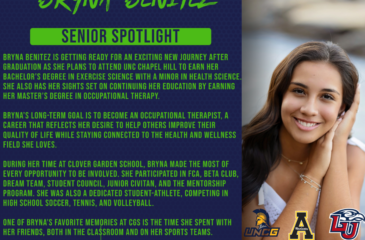 Senior spotlight graphic of Bryna Benitez with plans to attend UNC Chapel Hill for exercise science and become an occupational therapist.