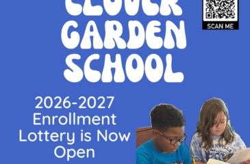 Blue flyer announcing Clover Garden School’s 2026–2027 enrollment lottery is open, with K–12 tuition-free NC charter information and students working together in a classroom.