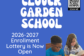 Blue flyer announcing Clover Garden School’s 2026–2027 enrollment lottery is open, with K–12 tuition-free NC charter information and students working together in a classroom.