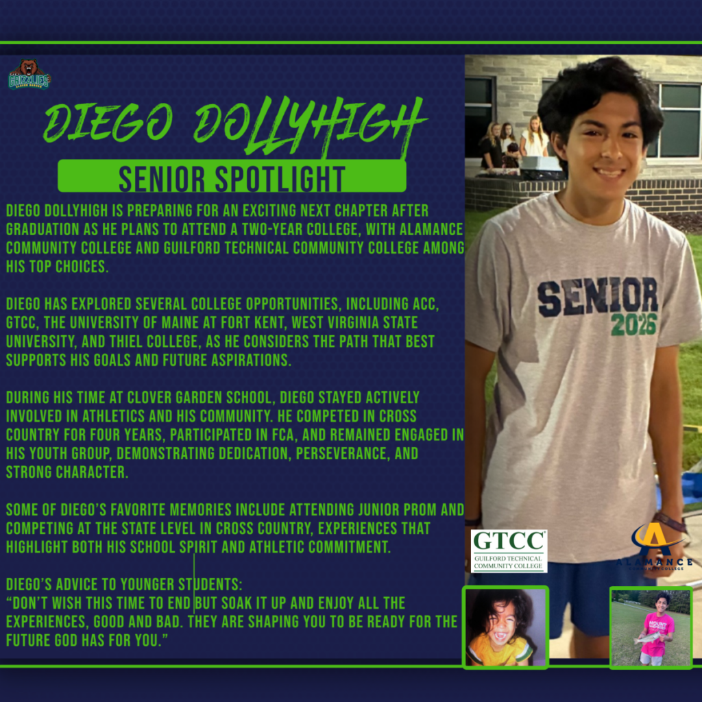 Smiling high school senior wearing a “Senior 2026” shirt, featured in a senior spotlight graphic highlighting future college plans and cross country involvement.