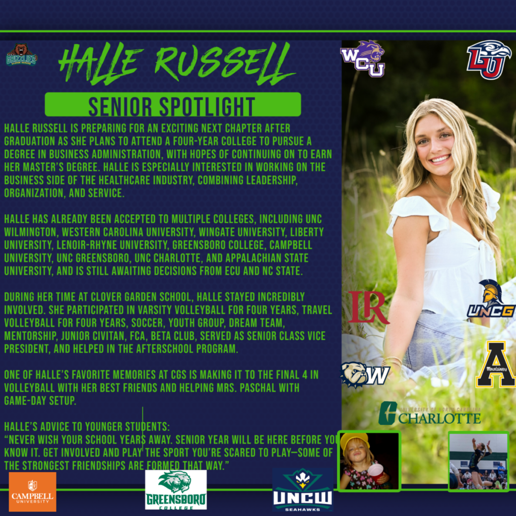 Senior Spotlight graphic for Halle Russell, featuring her portrait, future college plans, activities at Clover Garden School, and college logos.