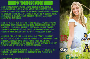 Senior Spotlight graphic for Halle Russell, featuring her portrait, future college plans, activities at Clover Garden School, and college logos.