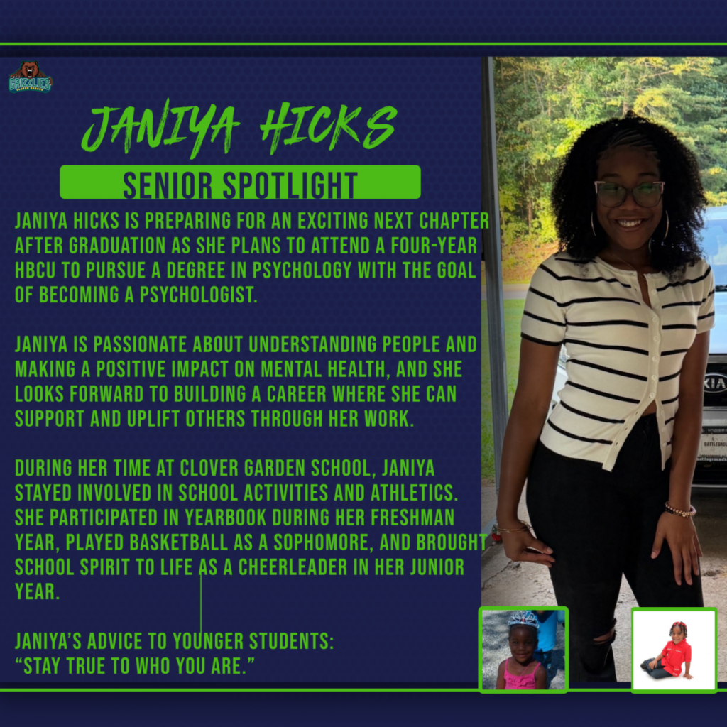 Senior spotlight graphic of JaNiya Hicks smiling outdoors, highlighting her plans to attend an HBCU for psychology, her school activities, and childhood photos at the bottom.