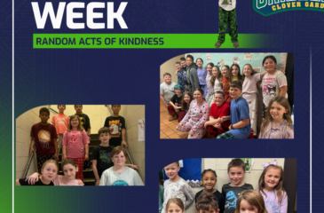 Graphic promoting K-8 Spirit Week Random Acts of Kindness featuring a blue and green school-themed background with Grizzlies logo and multiple photos of elementary and middle school students in pajamas smiling and posing together during pajama day activities.