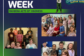 Graphic promoting K-8 Spirit Week Random Acts of Kindness featuring a blue and green school-themed background with Grizzlies logo and multiple photos of elementary and middle school students in pajamas smiling and posing together during pajama day activities.