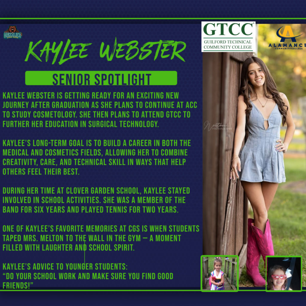 Senior spotlight graphic of Kaylee Webster continuing to ACC for cosmetology and GTCC for surgical technology.