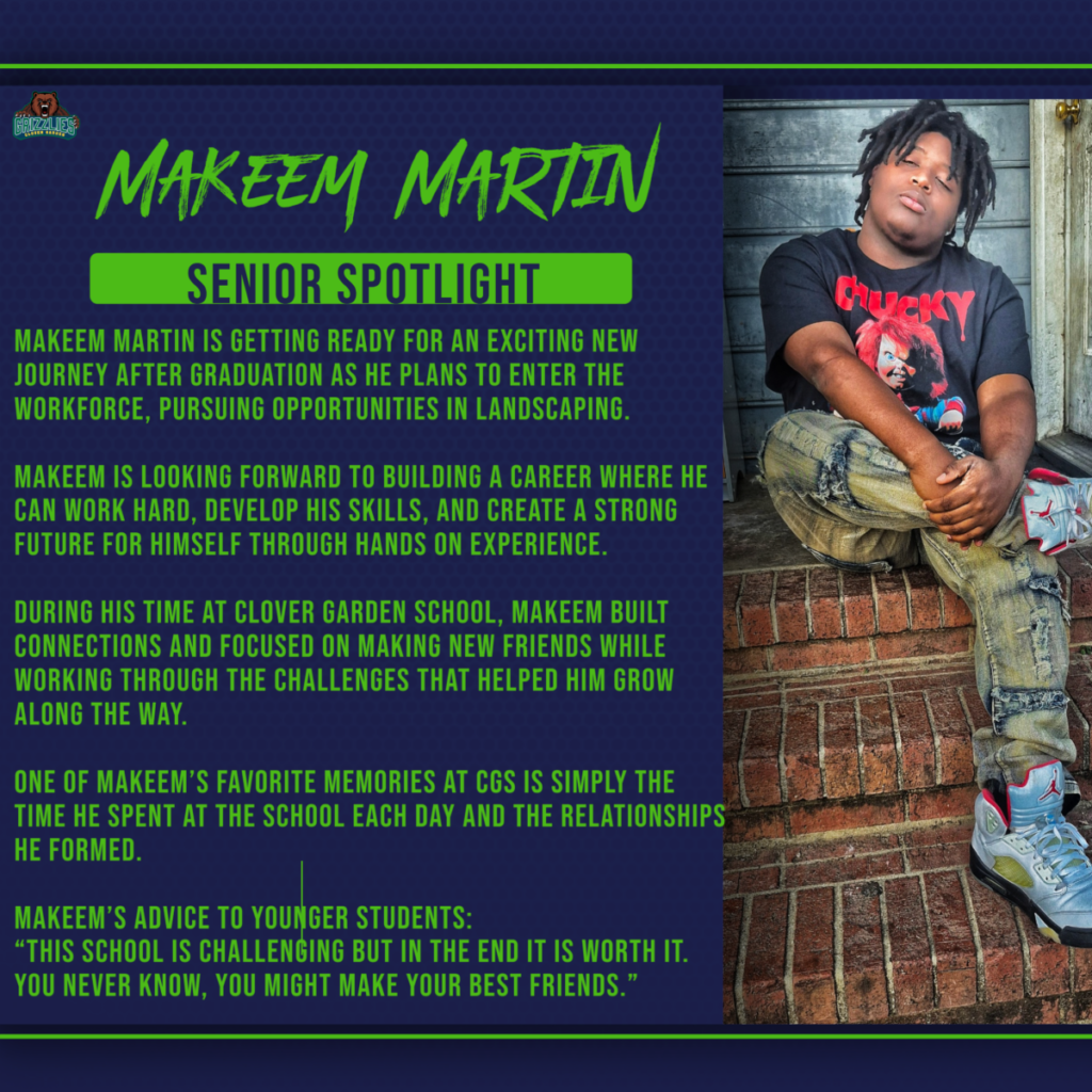 Senior spotlight graphic of Makeem Martin entering the workforce to pursue a career in landscaping.