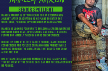 Senior spotlight graphic of Makeem Martin entering the workforce to pursue a career in landscaping.