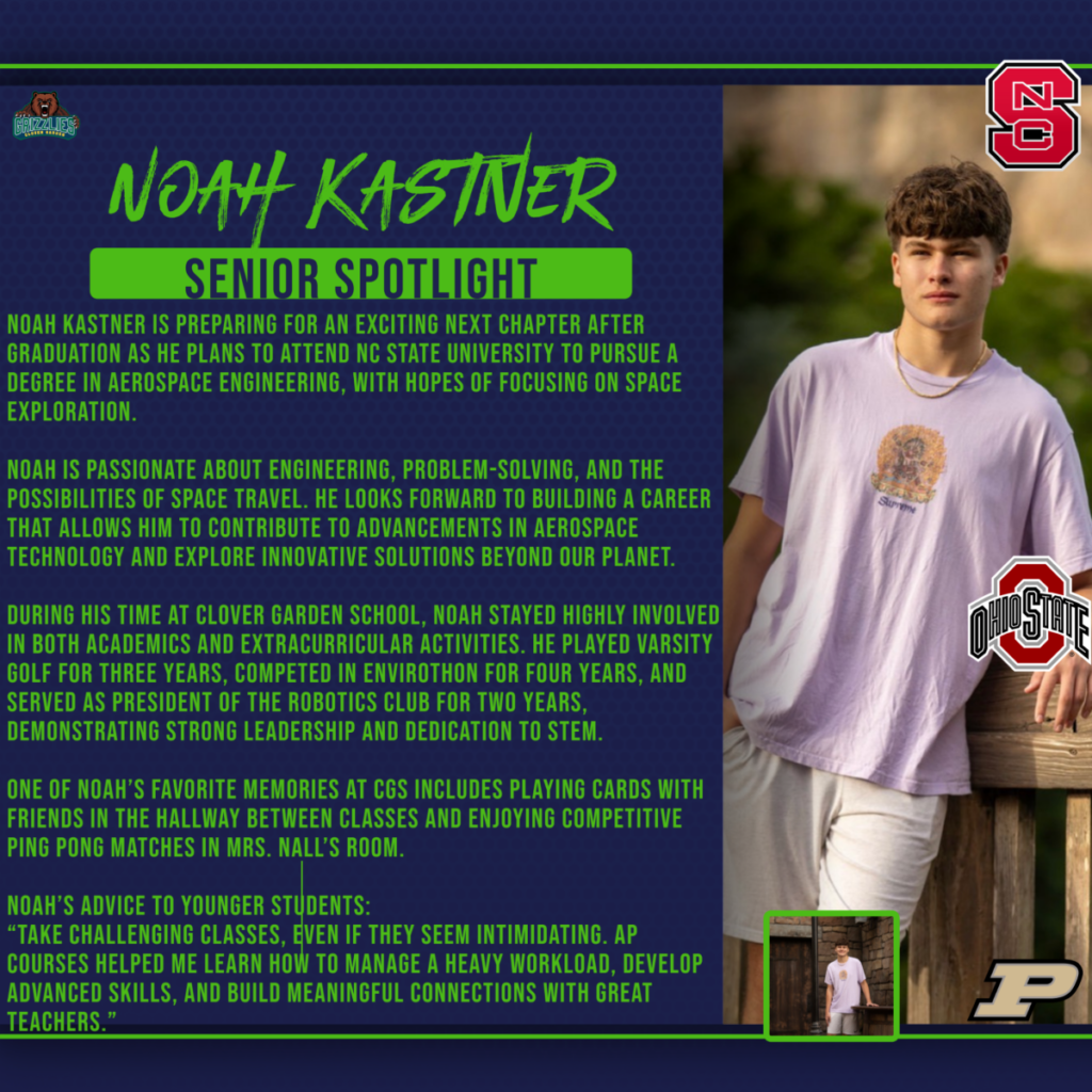 Senior spotlight graphic of a male student standing outdoors by a wooden railing, with text highlighting his aerospace engineering plans and college logos.